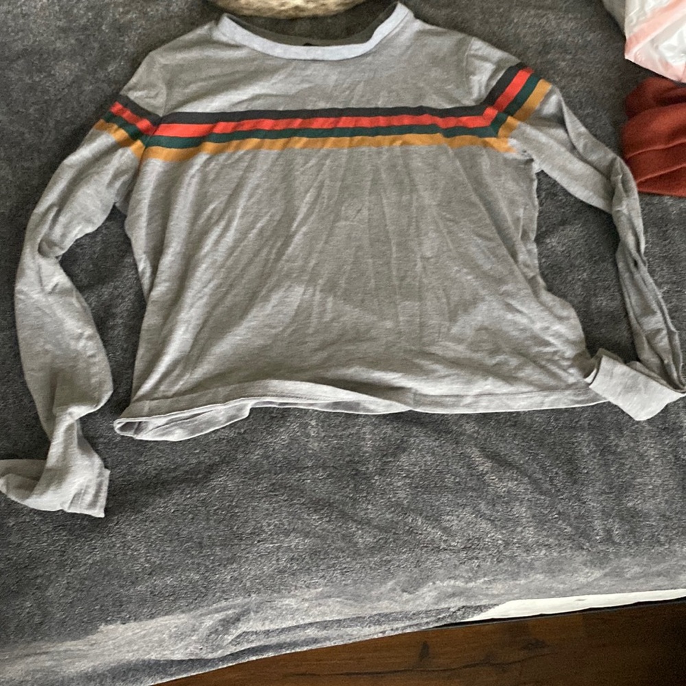 Grey Long Sleeve with black, red, yellow, green stripes